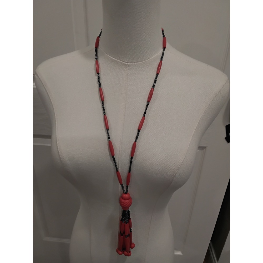 Red‎ and Black Beaded Tassel Necklace Long Boho Statement Jewelry